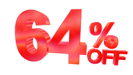 3D 64 percent off sale typography with dark red metallic style and rainbow effect isolated on a transparent background. Visual element for promotions and graphic design.
