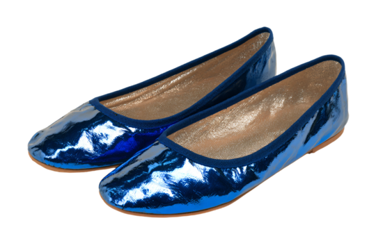 a pair of blue shoes with a shiny finish