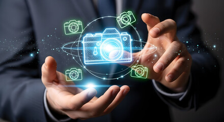Digital Photography Concept Person Holding a Virtual Camera with Holographic Icons