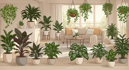 Indoor Oasis - Lush Green Plants in a Bright, Airy Living Room Interior.