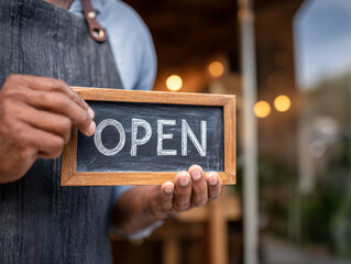 Small Business Owner Holds Open Sign to Welcome Customers in a Cozy Shop on a Sunny Day