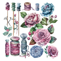 Isolated Watercolor Vector Illustration Of Colorful Flowers And Sewing Supplies