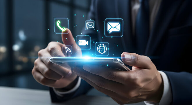 Conceptual image of a person using a smartphone with glowing communication icons emanating from the screen, representing digital connectivity and mobile technology