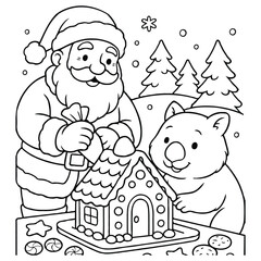 Santa and Wombat Building Gingerbread House Coloring Page