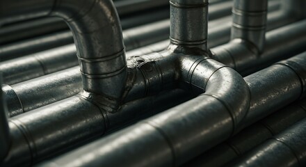 Industrial Steel Pipes - Interconnected Network with Metallic Texture and Dim Lighting.