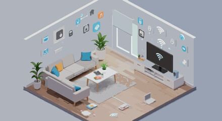 Smart home living room interior with connected devices
