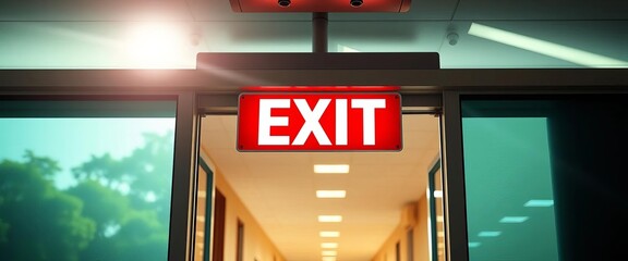 Hospital exit sign, automatic sliding doors open, sunlight streaming in,  bright,  design