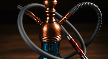 Intricately Detailed Copper Hookah with Black Hose, Dark Background, Close-Up Shot.