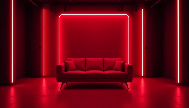 Modern glowing red neon light installation framing a sleek dark sofa in an immersive room