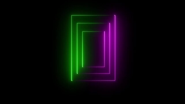 Glowing looping pentagonal neon square frame effect, black background. Neon rectangle frame icon animated. green and violet color neon glowing square concept.