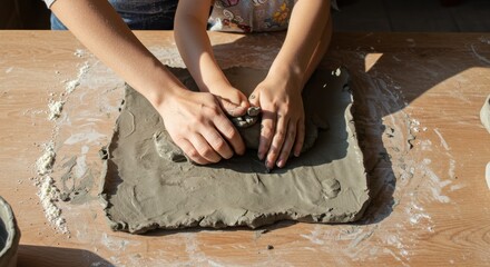 Children's hands meticulously sculpting wet clay on a pottery wheel, engaged in the ancient art of ceramic creation