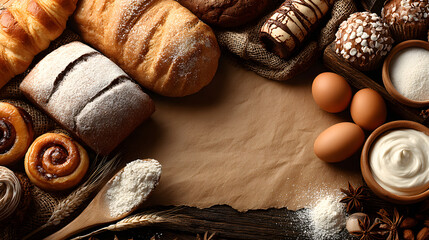 bakery shop banner with frame border and copy space highlighting freshly baked goods, desserts, and pastries for gourmet bakery promotions and food-related advertising