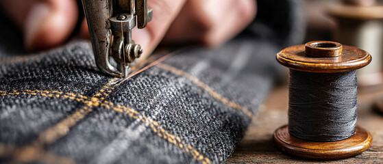 Craftsman Stitches a Plaid Fabric During a Tailoring Session in a Workshop at Sunset