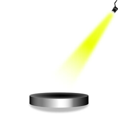 black glossy stage podium lit by yellow spotlights