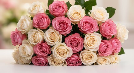 Lush Bouquet of Delicate Pink and Cream Roses, Softly Lit with Bokeh Background.