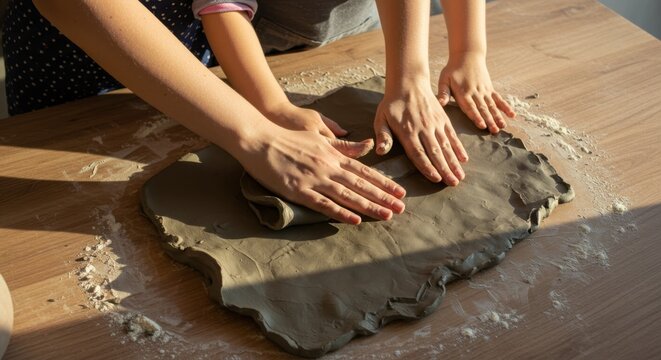 Hands-on Activity Creating Pottery Together, Family Bonding Through Clay Shaping - Powered by Adobe