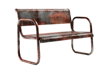 a rusted metal bench with a white background