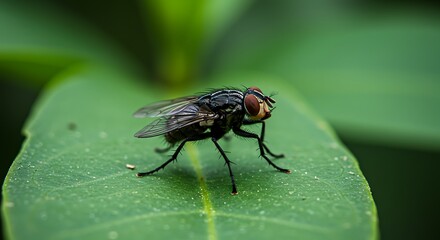 Macro photograph of a common housefly resting on a vibrant green leaf, showcasing intricate details.