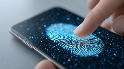 Digital Fingerprint Recognition Displayed on a Smartphone Screen With Blue Particles in a Modern Setting