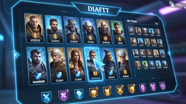 Futuristic Character Selection Screen Interface for SciFi Game.