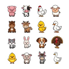 Cute Cartoon Farm Animals Vector Icon Set Isolated on White.