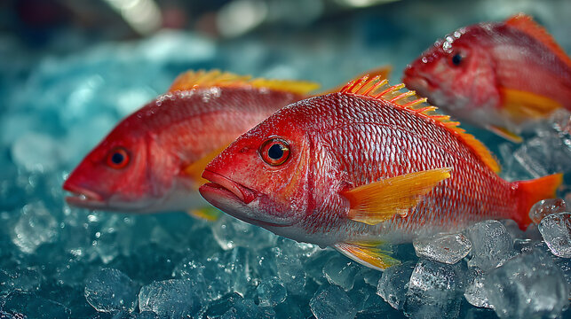 fresh red snapper fish on ice at a local seafood market, ready for sale with vibrant colors, chilled freshness, and a cold, raw display that captures the quality and appeal of fresh seafood