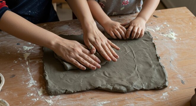 Generations collaborate in a hands-on pottery session, shaping pliable clay on a wooden surface, fostering artistic expression and shared creative learning