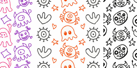 Cute and spooky hand drawn monsters ghosts and stars seamless pattern design