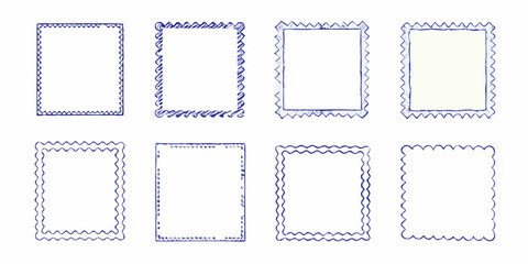 Collection of eight hand drawn blue decorative borders and frames with varied edges on a white background