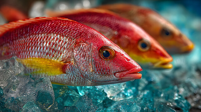 fresh red snapper fish on ice at a local seafood market, ready for sale with vibrant colors, chilled freshness, and a cold, raw display that captures the quality and appeal of fresh seafood - Powered by Adobe