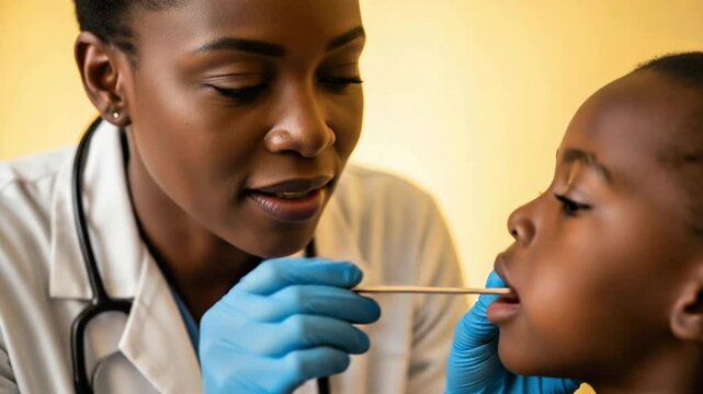 Doctor examining a child's throat with a wooden tongue depressor in clinic