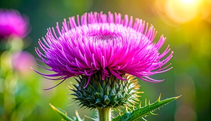 Radiant magenta thistle blossom in nature's embrace