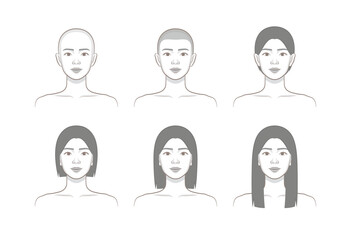 Female hair growth stages from bald to short, medium, and long hairstyle front view illustration