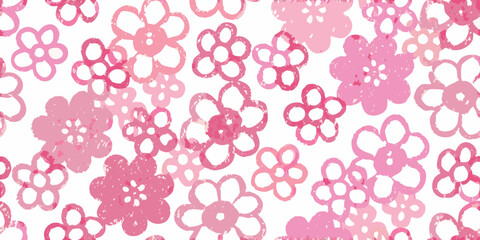 Seamless pattern of pink flowers with a distressed texture on a white background