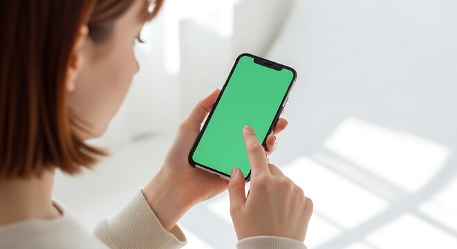 Woman using a smartphone with a blank green screen, ideal for app presentation and design