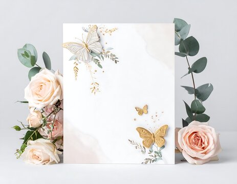 Elegant card mockup surrounded by roses and eucalyptus