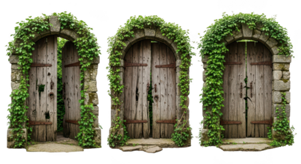 Three ancient stone archways covered in green ivy with weathered wooden doors isolated on transparent background