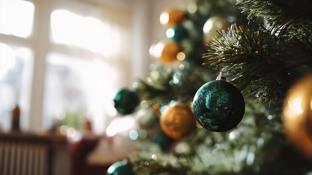 A close-up of a Christmas tree decorated with golden and red ornaments, green pine branches, and a New Year wreath, with a blurred background that highlights the festive atmosphere.