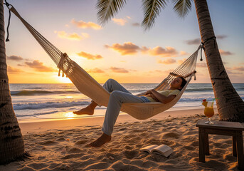 The feeling of pure bliss. A traveler rests in a hammock, enjoying the tranquil view of the ocean and the vibrant colors of the sky during a golden hour on vacation.
