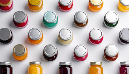 Colorful jam jars with metallic lids arranged in creative mosaic pattern, clean background, vibrant glass containers, preserved fruit, cheerful and organized display