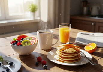 A classic morning routine with a cup of hot coffee and a delicious croissant, lit by the gentle light from a kitchen window.