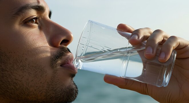 close up man drinking fresh water from glass for hydration and healthy lifestyle.