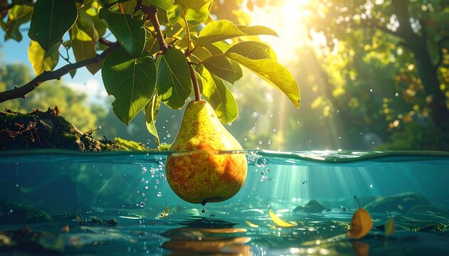 Pear in a tranquil underwater forest scene