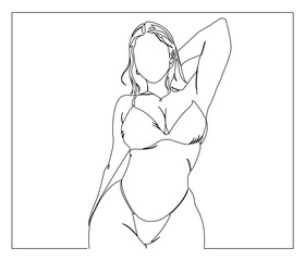 Continuous line drawing of a Young Beautiful lady Bikini. Single line illustration of a Young Beautiful Lady on Bikini. Illustration, World Bikini Day Concept. Editable outline.