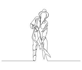 Continuous line drawing of a Fisherman Holding Big Fish. Single line illustration of a Fisherman Holding Big Fish. Illustration, World Fisheries Day Concept. Editable outline.
