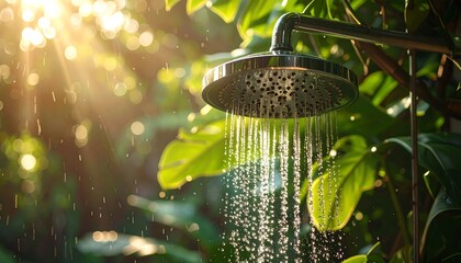 Refreshing Outdoor Shower Under Lush Greenery