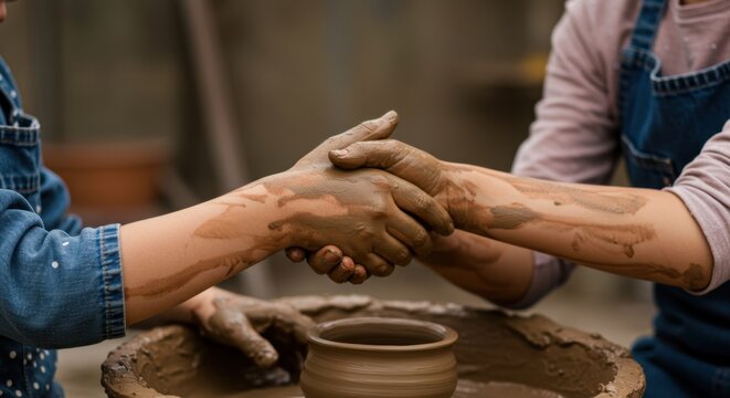 Close-up of a muddy handshake symbolizing teamwork and creativity during a pottery class