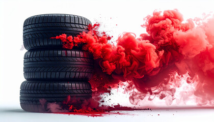 Stacked racing tires with dynamic red smoke effect on white background, creating dramatic and energetic automotive scene for infographic or advertising use