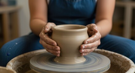 Hands Shaping Clay on a Potter's Wheel Crafting Ceramic Art with Skill and Precision