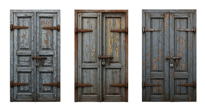 Three weathered, old, blue wooden doors with rusty hinges and locks, isolated on transparent background
